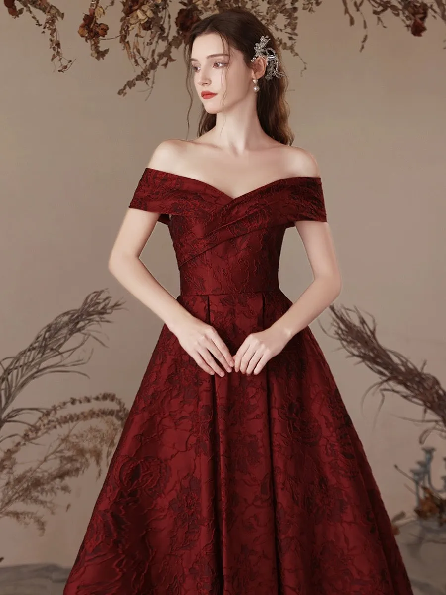 A-Line Off Shoulder Satin Burgundy Long Prom Dress, Burgundy Long Formal Dress