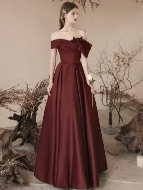 A-Line off Shoulder Satin Dark Burgundy Long Prom Dress, Satin Long Formal Dress