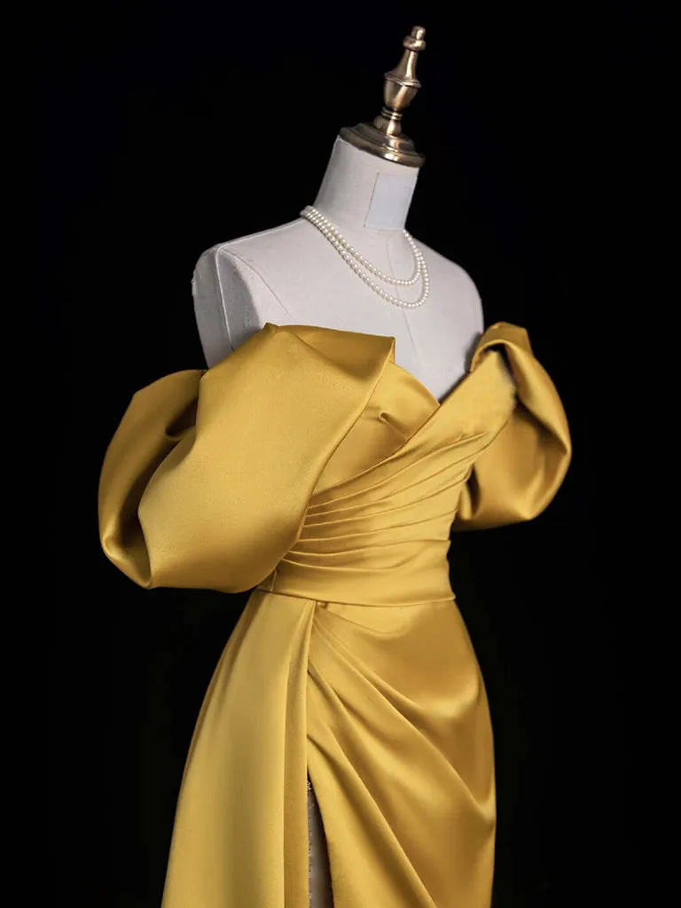 A-Line Off Shoulder Satin Gold Long Prom Dress, Gold Long Evening Dress