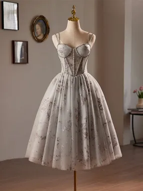 A-Line Sweetheart Neck Tulle Sequin Lace Gray Short Prom Dress