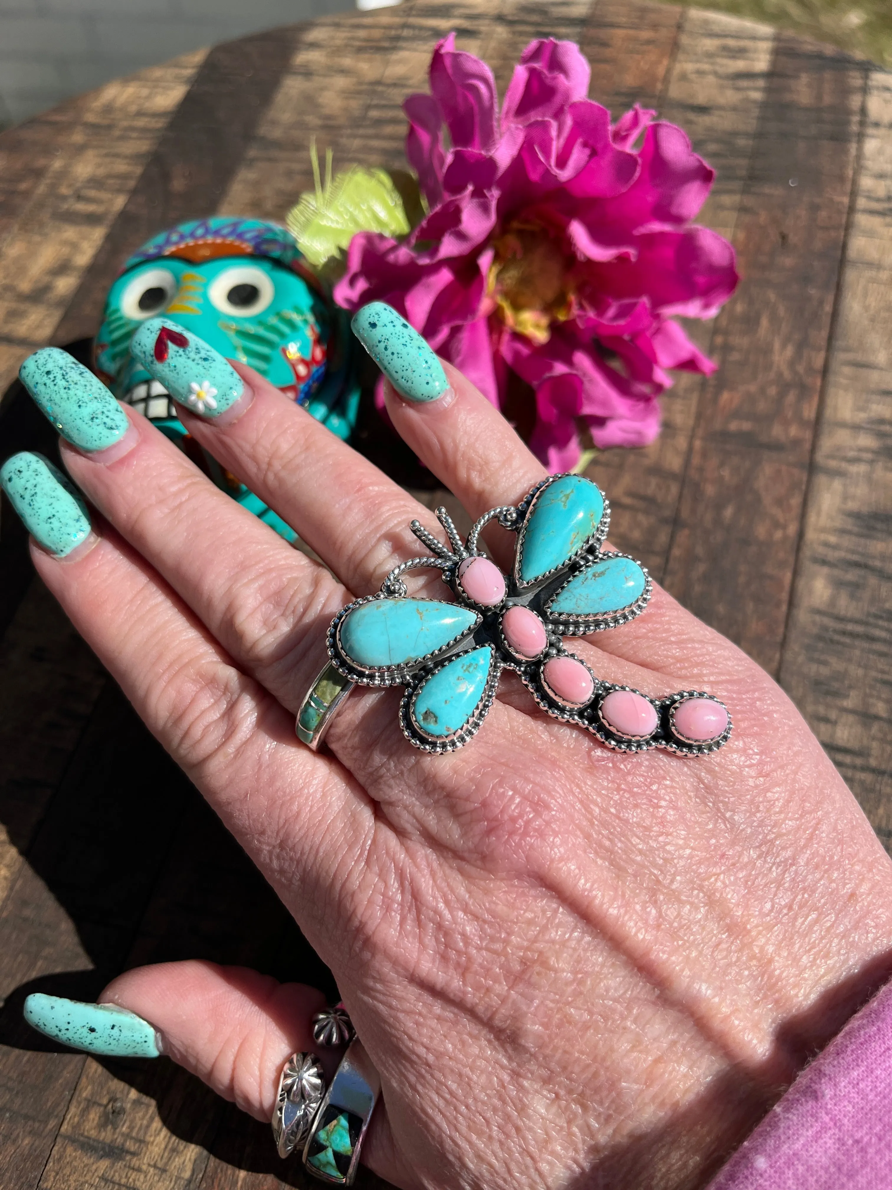 Adjustable "Cotton Candy" and Turquoise Dragonfly Ring #3