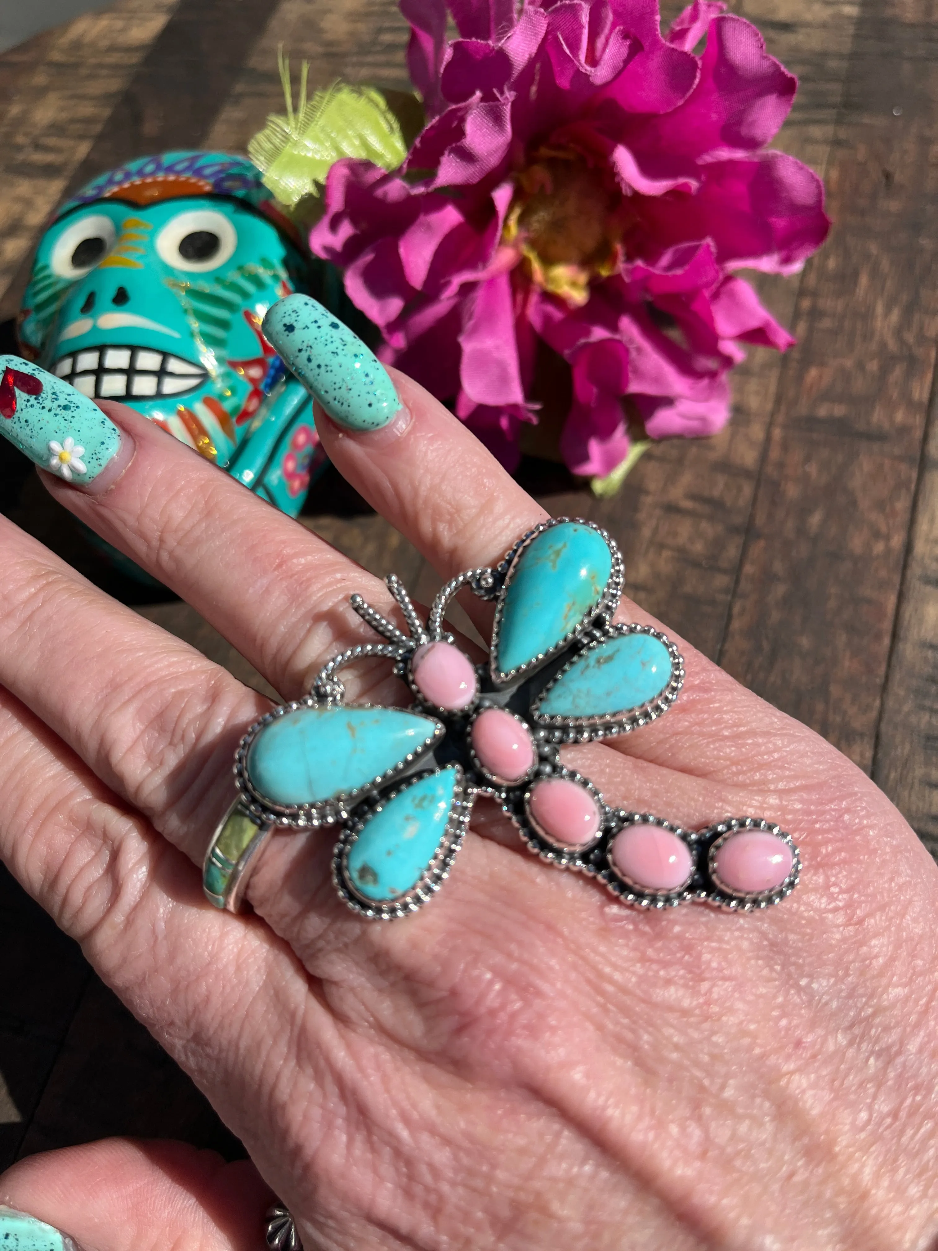 Adjustable "Cotton Candy" and Turquoise Dragonfly Ring #3