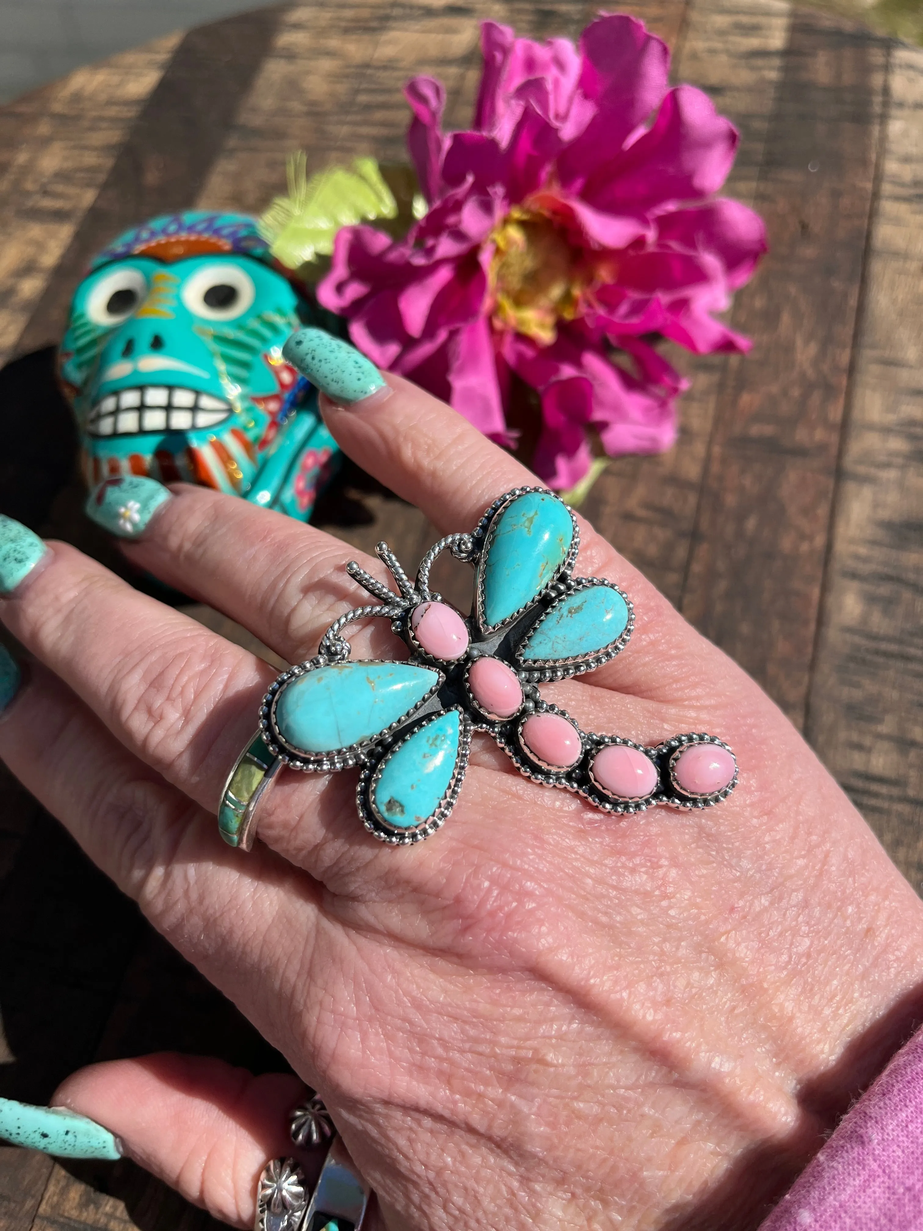 Adjustable "Cotton Candy" and Turquoise Dragonfly Ring #3