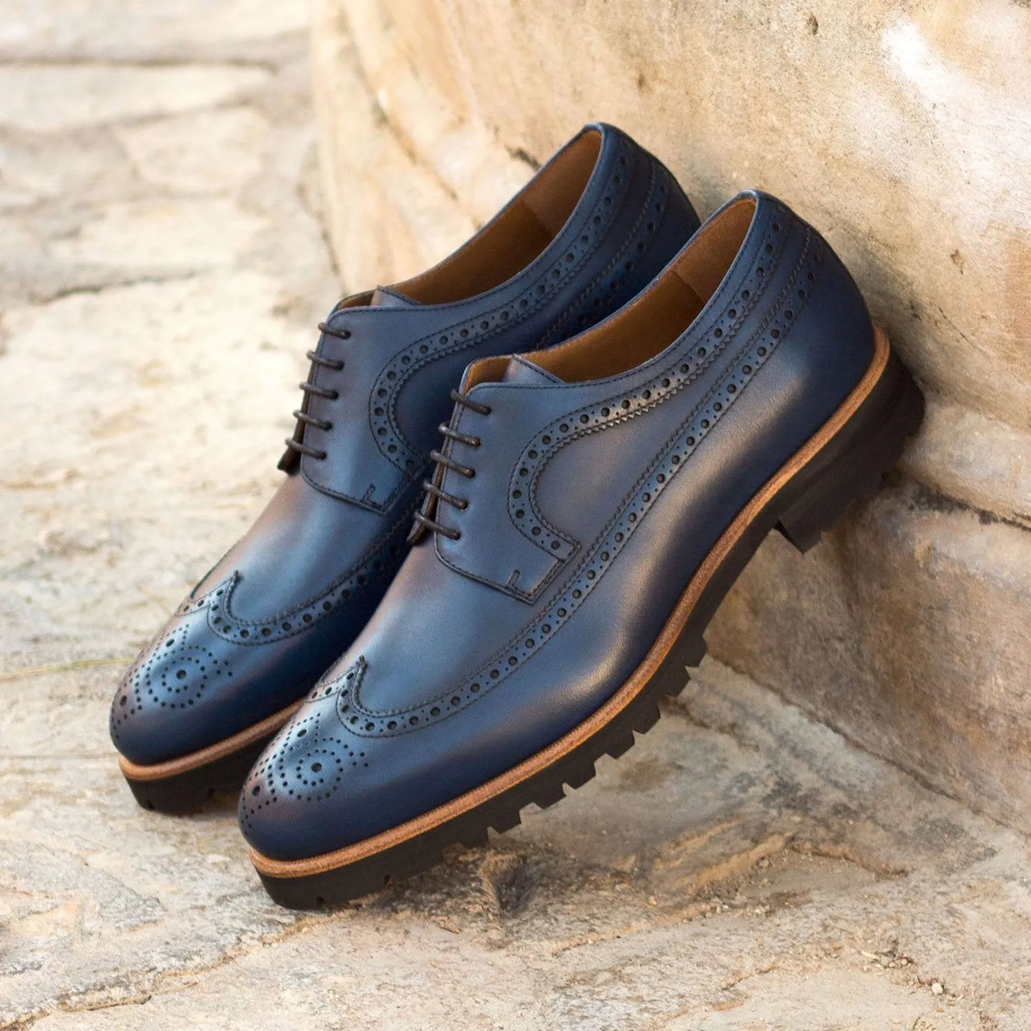 Ambrogio Bespoke Custom Men's Shoes Navy Calf-Skin Leather Wingtip Oxfords (AMB1892)