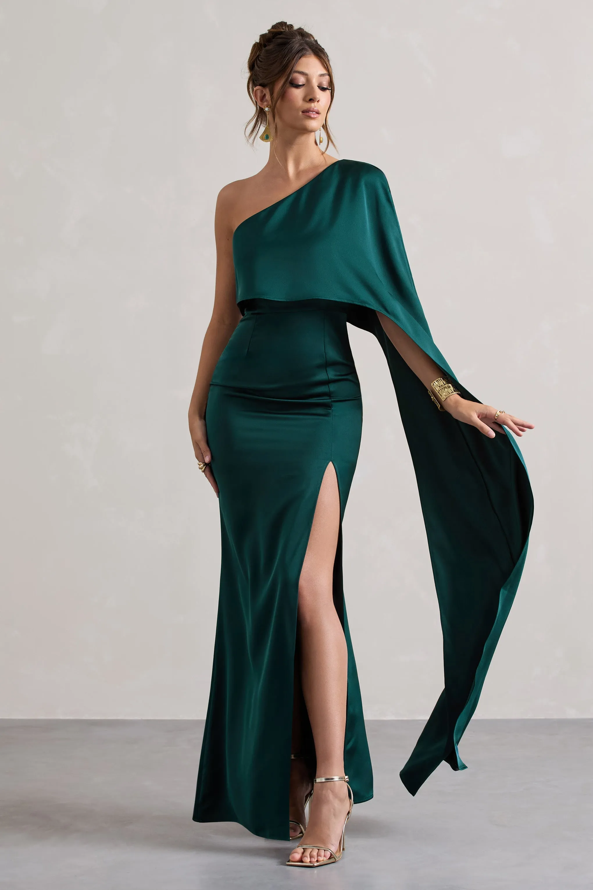 Amora | Bottle Green Satin Asymmetric Cape-Sleeve Split Maxi Dress