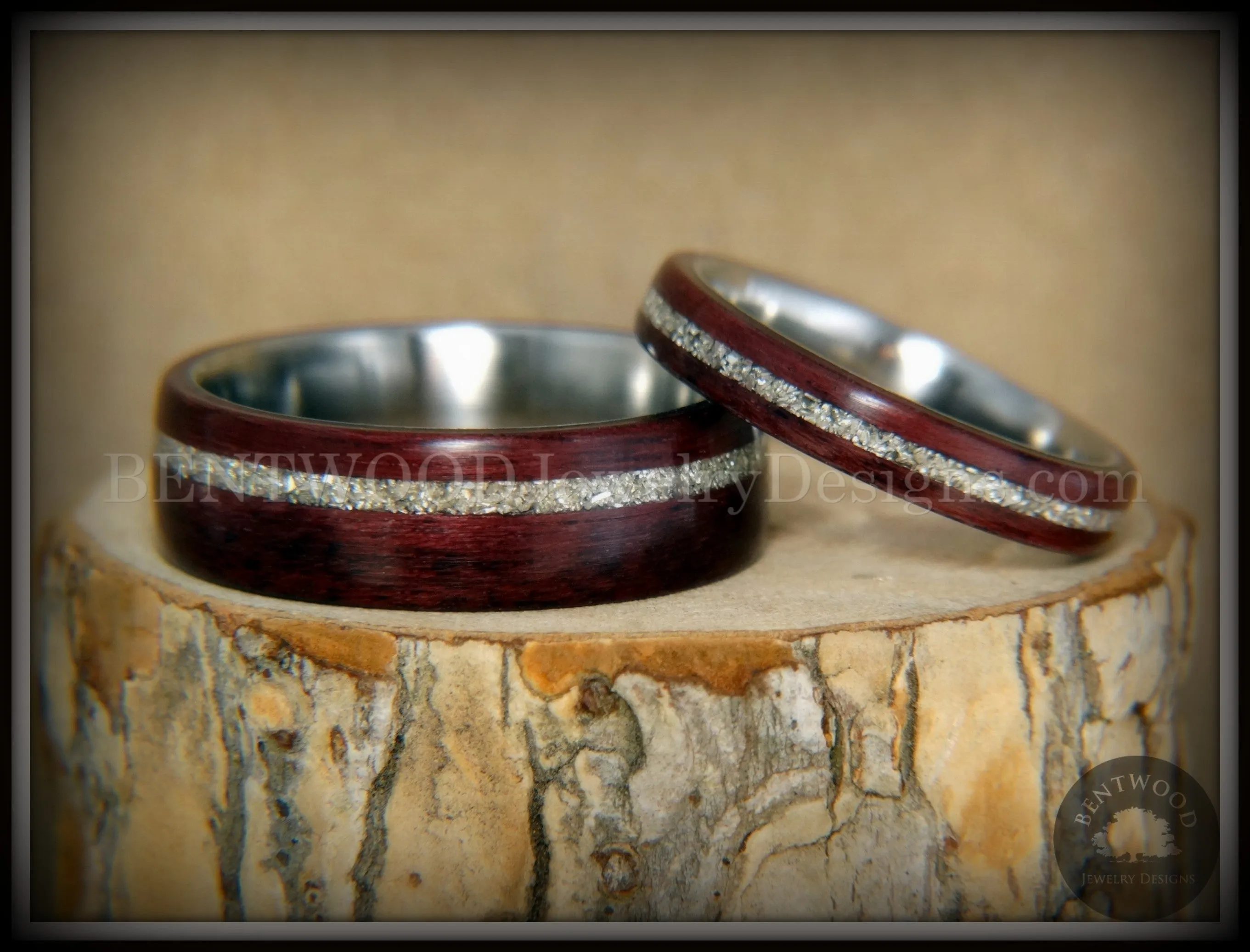 Bentwood Rings Set - Purple Heart Pair Purpleheart Wood with Silver Glass Inlay Titanium Cores