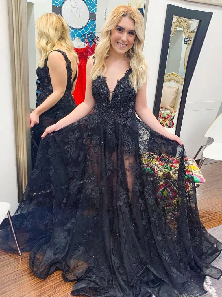 Black v neck tulle lace long prom dress, black tulle lace evening dress