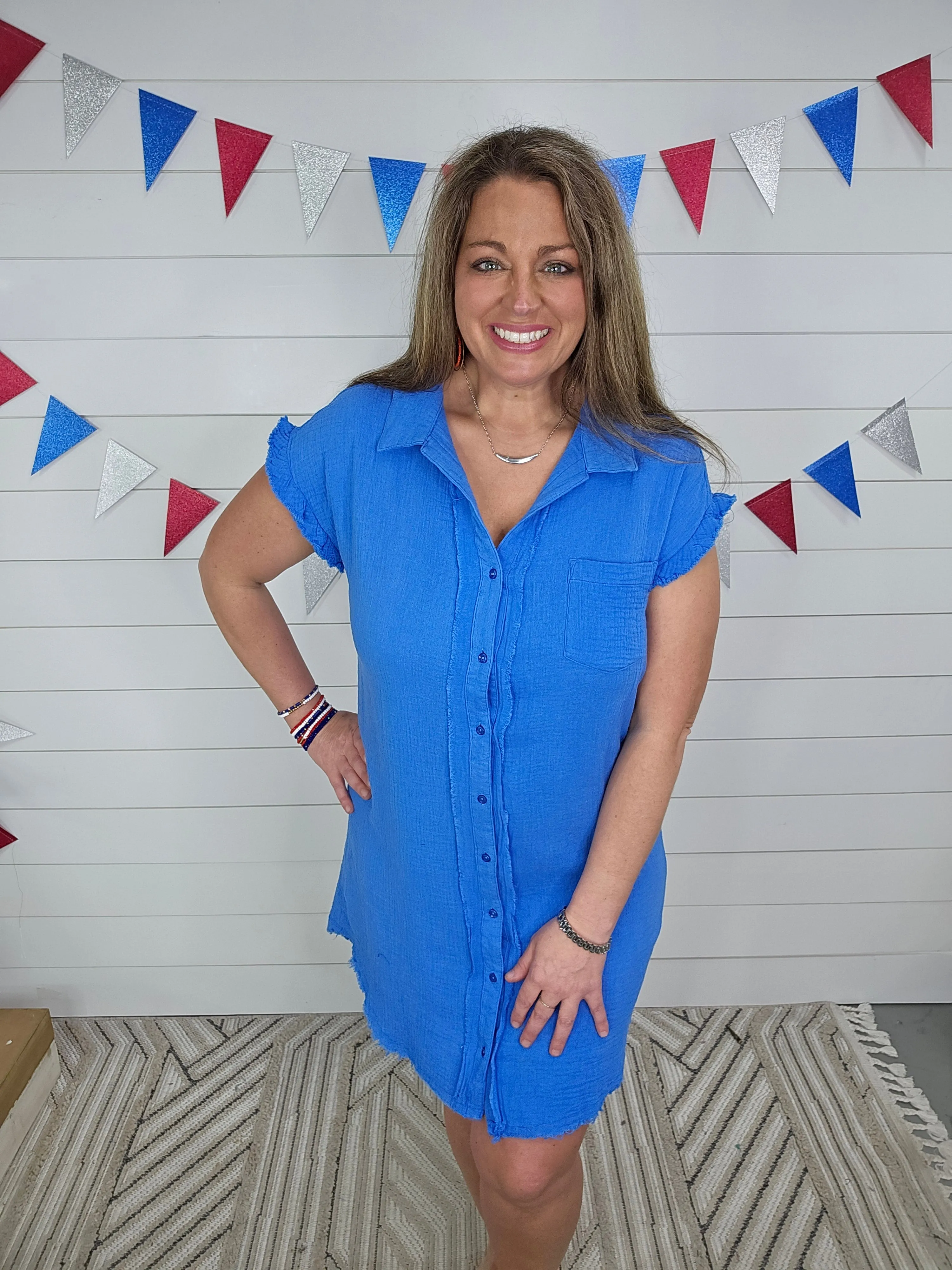 BLUE COTTON GAUZE BUTTON DOWN DRESS