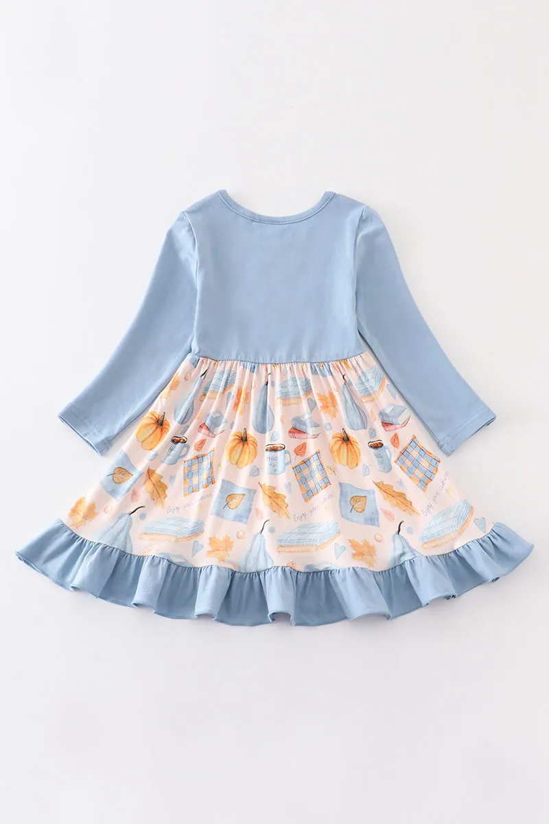 Blue plaid pumpkin print ruffle dress