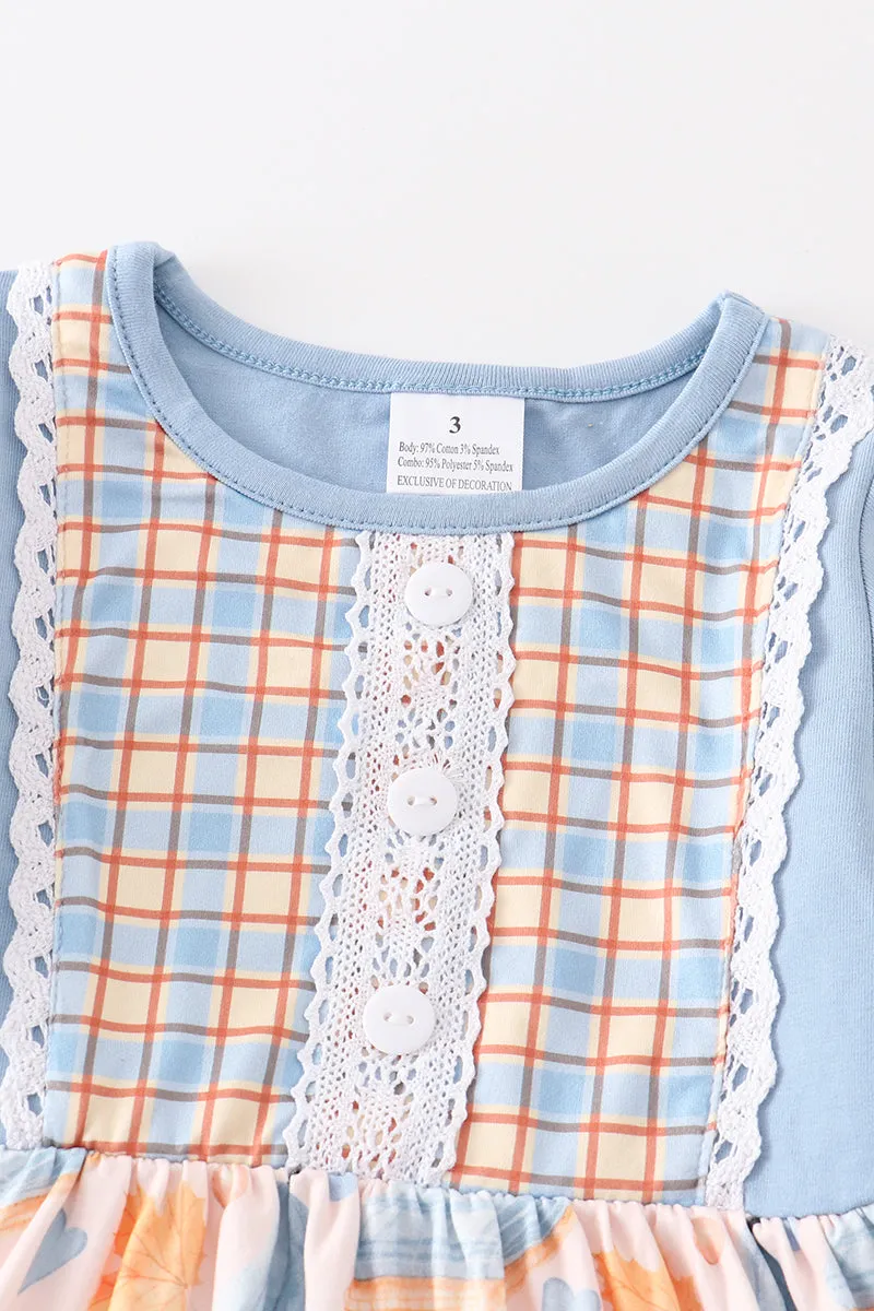 Blue plaid pumpkin print ruffle dress