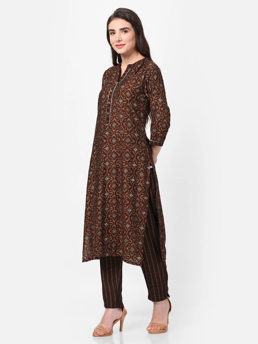 Brown Geometrical Printed Kurta With Trouser