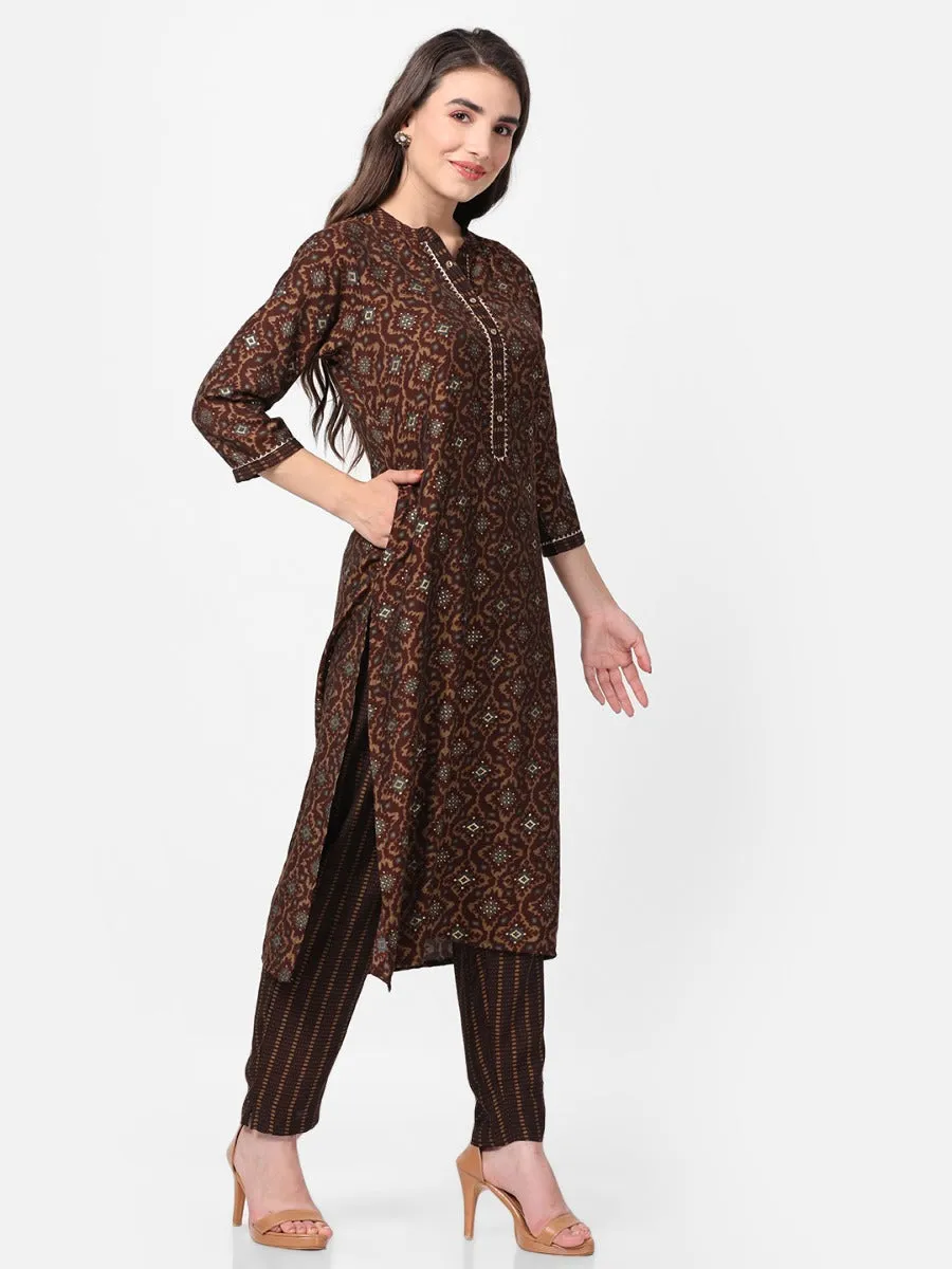 Brown Geometrical Printed Kurta With Trouser