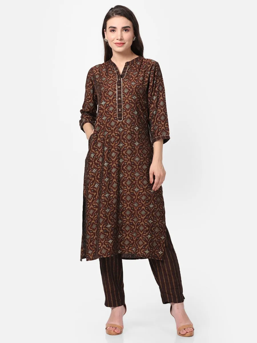 Brown Geometrical Printed Kurta With Trouser