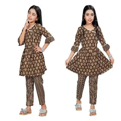 Brown Kids Girls Cotton Punjabi Suit Set of 2