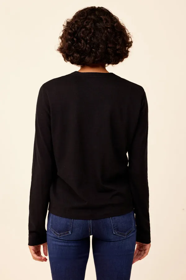 Cotton Cashmere Long Sleeve V-Neck Cardigan in Noir