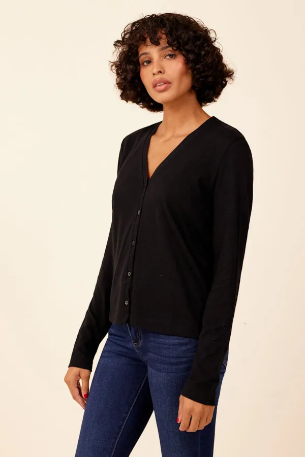 Cotton Cashmere Long Sleeve V-Neck Cardigan in Noir