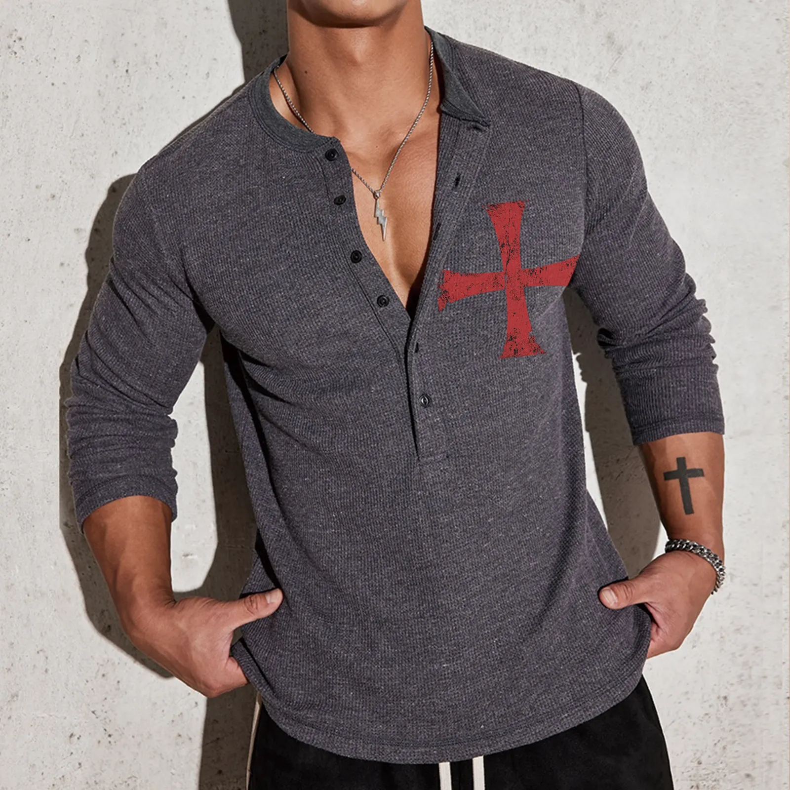 CROSS HALF BUTTON HENLEY NECK GRAPHIC LONG SLEEVE T-SHIRT