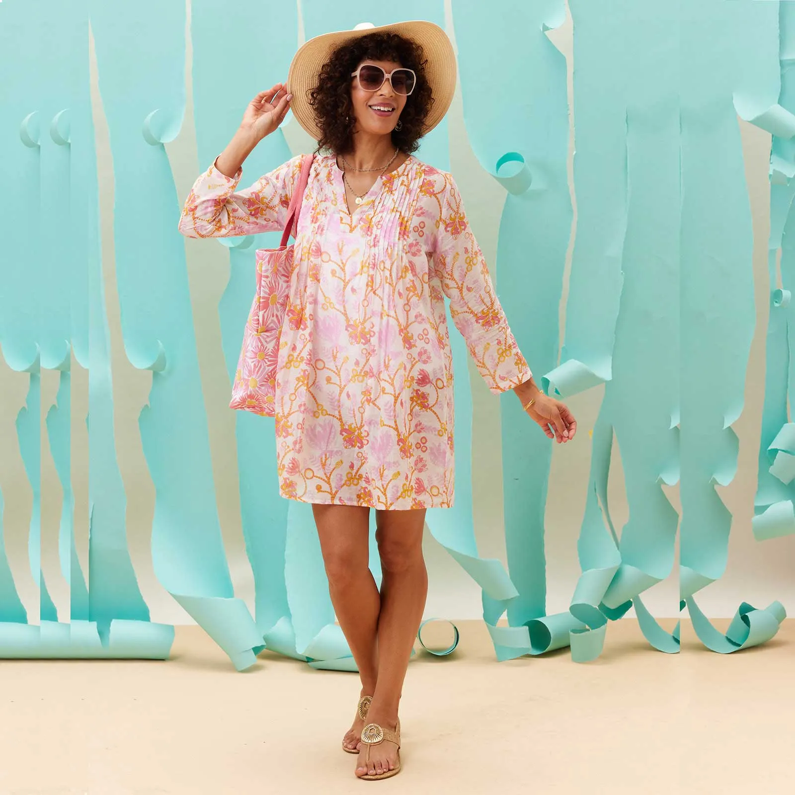 Gemma Pink blu Cotton Pintuck Beach Cover Up