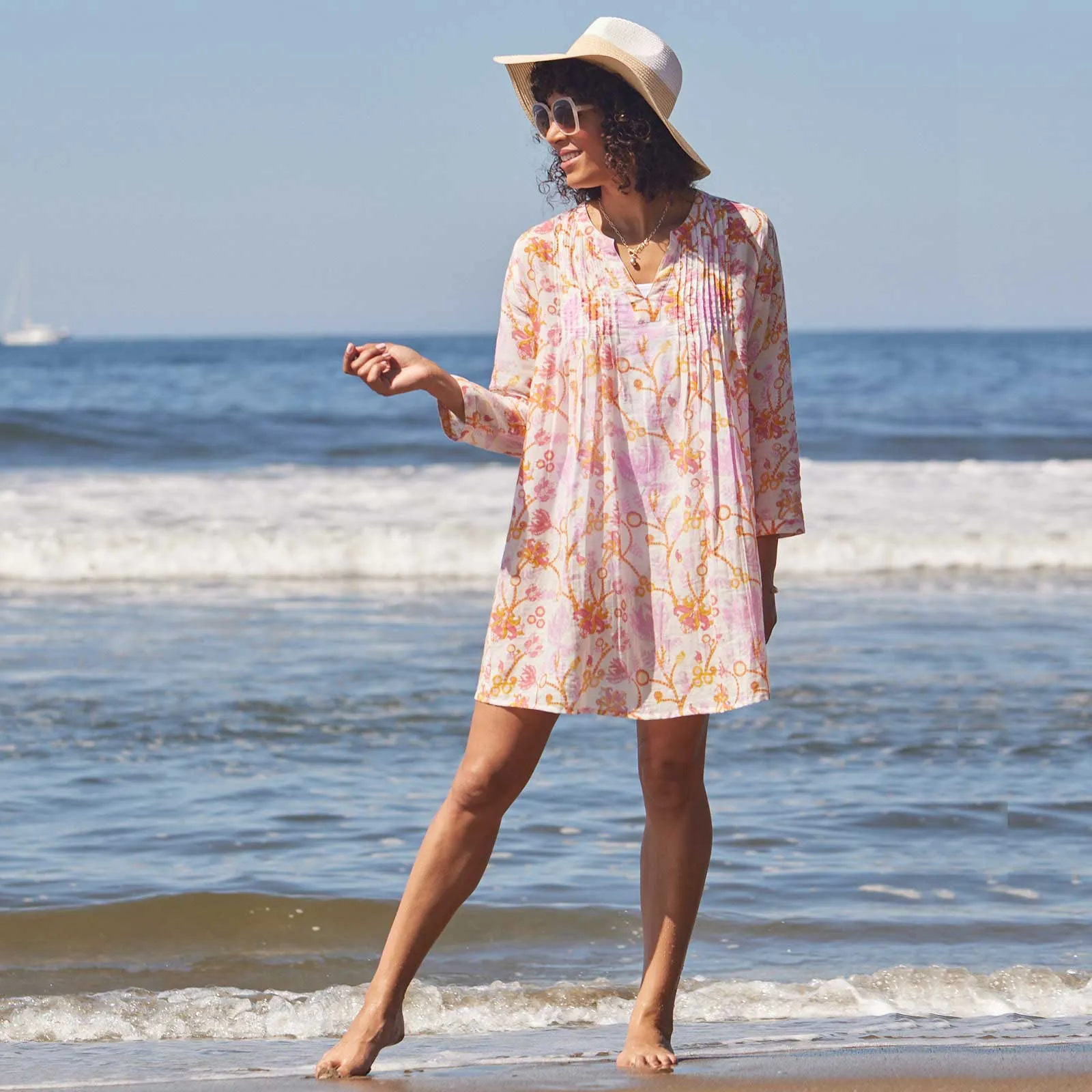 Gemma Pink blu Cotton Pintuck Beach Cover Up