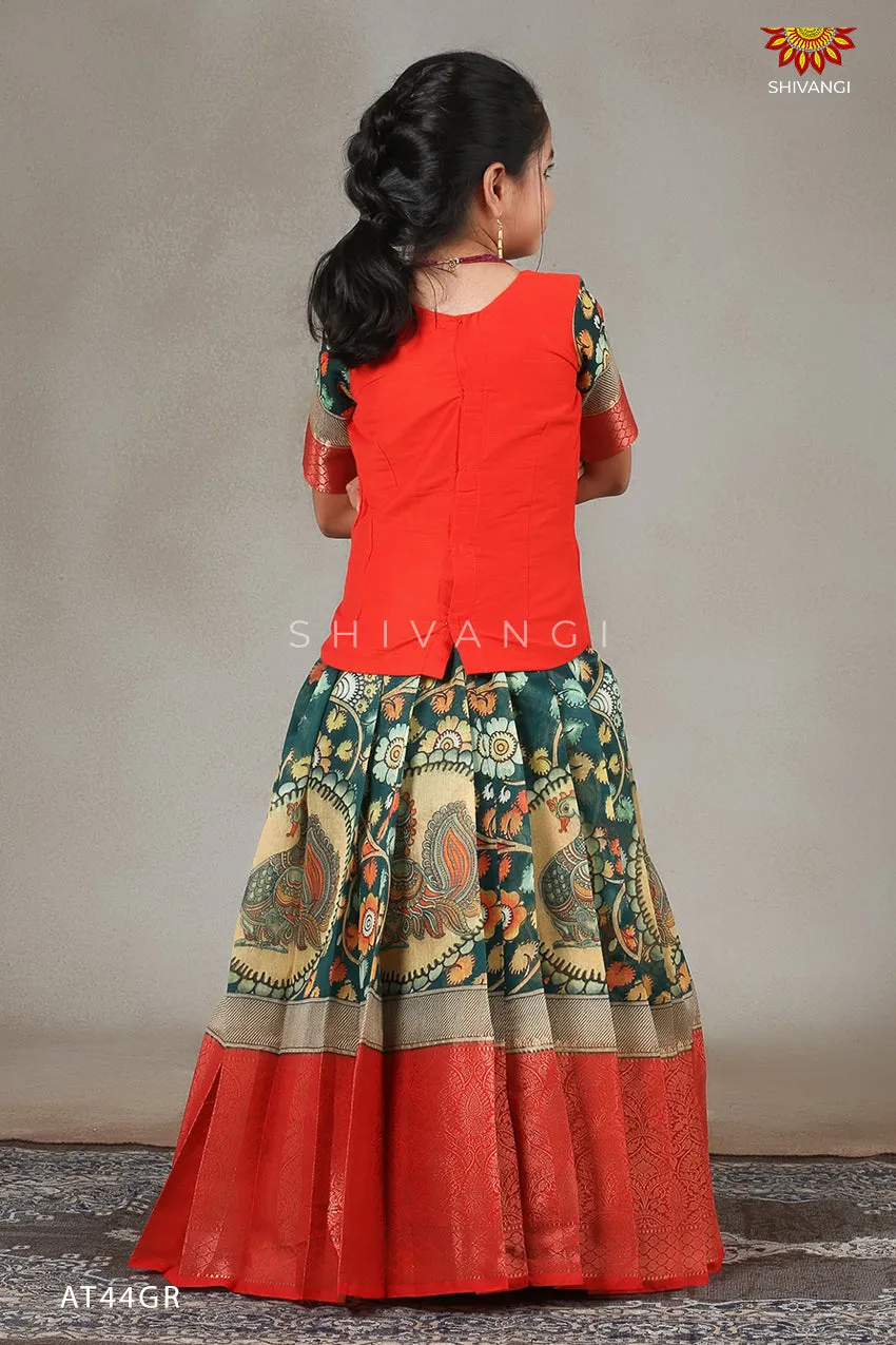 Girls Green Kalamkari Peacock Pattu Pavadai