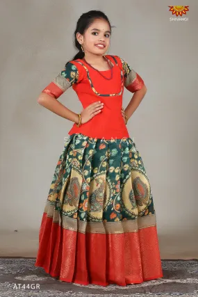 Girls Green Kalamkari Peacock Pattu Pavadai