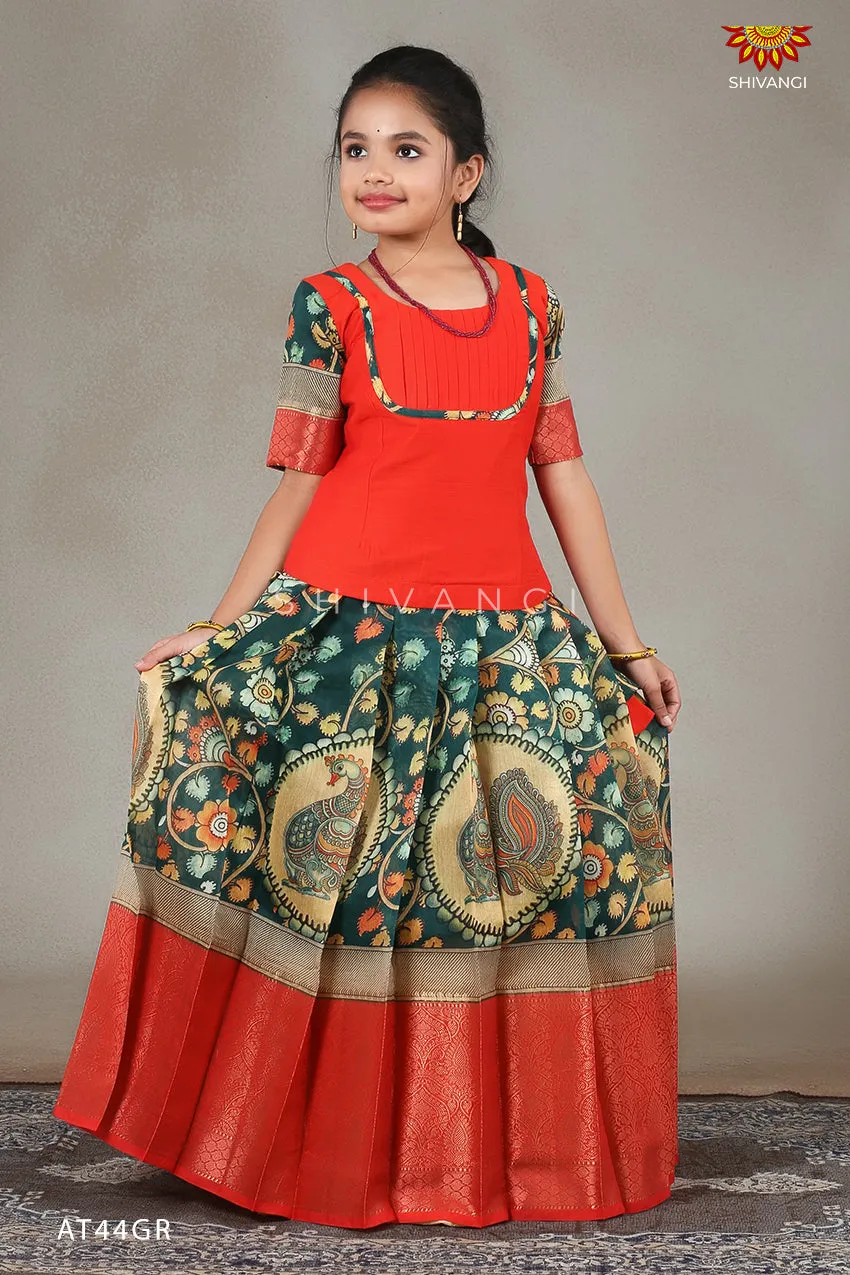 Girls Green Kalamkari Peacock Pattu Pavadai