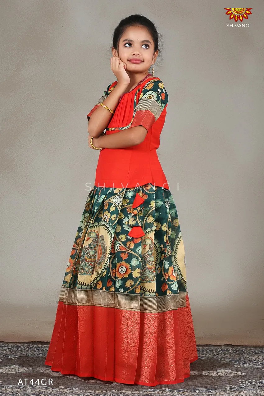 Girls Green Kalamkari Peacock Pattu Pavadai