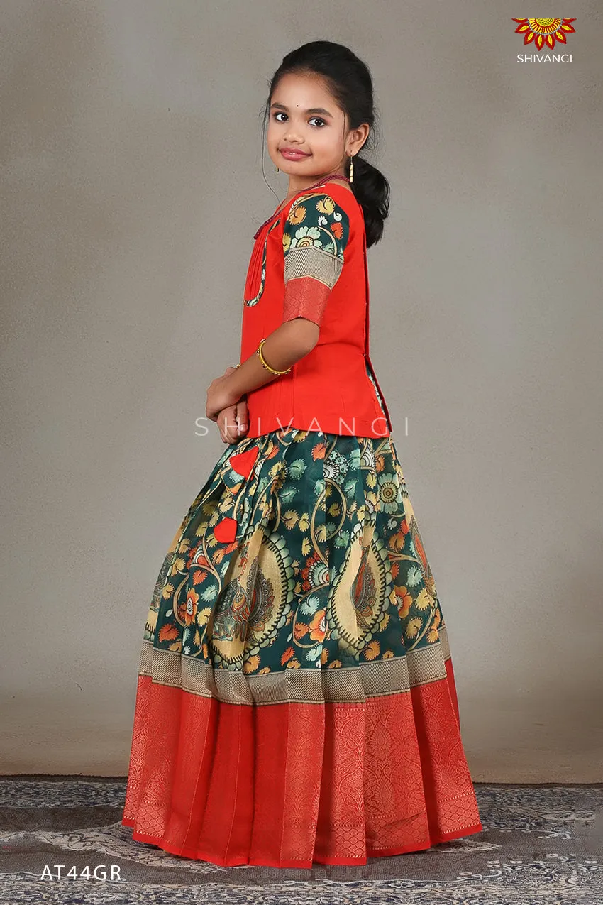 Girls Green Kalamkari Peacock Pattu Pavadai