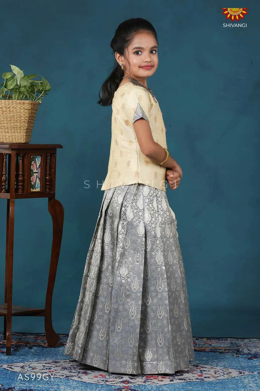 Girls Grey Silver Alovera Pattu Pavadai