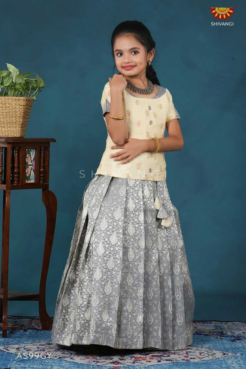 Girls Grey Silver Alovera Pattu Pavadai