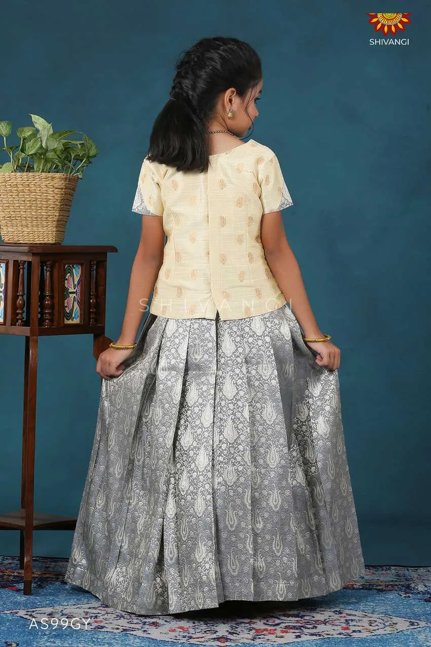 Girls Grey Silver Alovera Pattu Pavadai