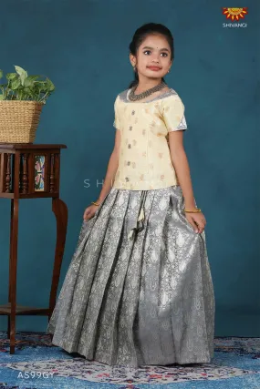 Girls Grey Silver Alovera Pattu Pavadai