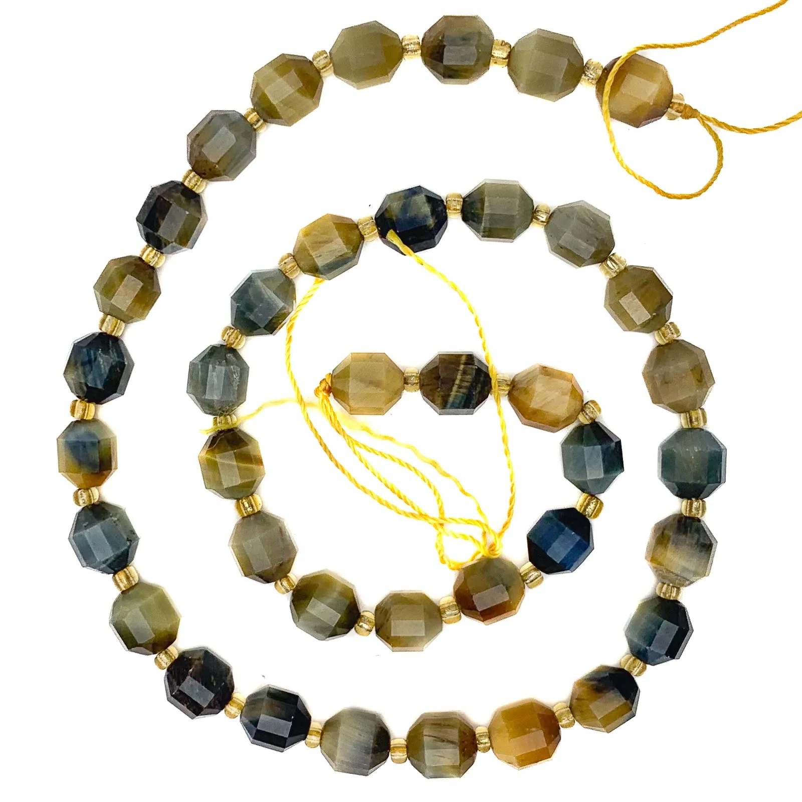 Golden / Blue Tigers Eye 7mm Faceted Drums Bead Strand