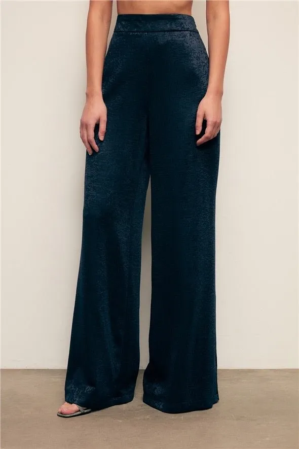 Jacquard Wide Leg Pants - Navy Blue