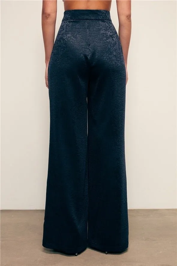 Jacquard Wide Leg Pants - Navy Blue