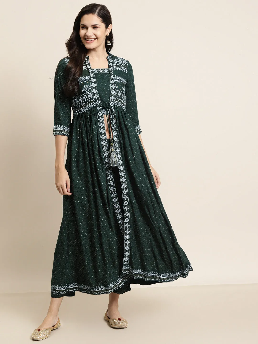 Juniper Jade Green Ethnic Motif Printed Rayon Jacket Style Kurta & Pants Set.