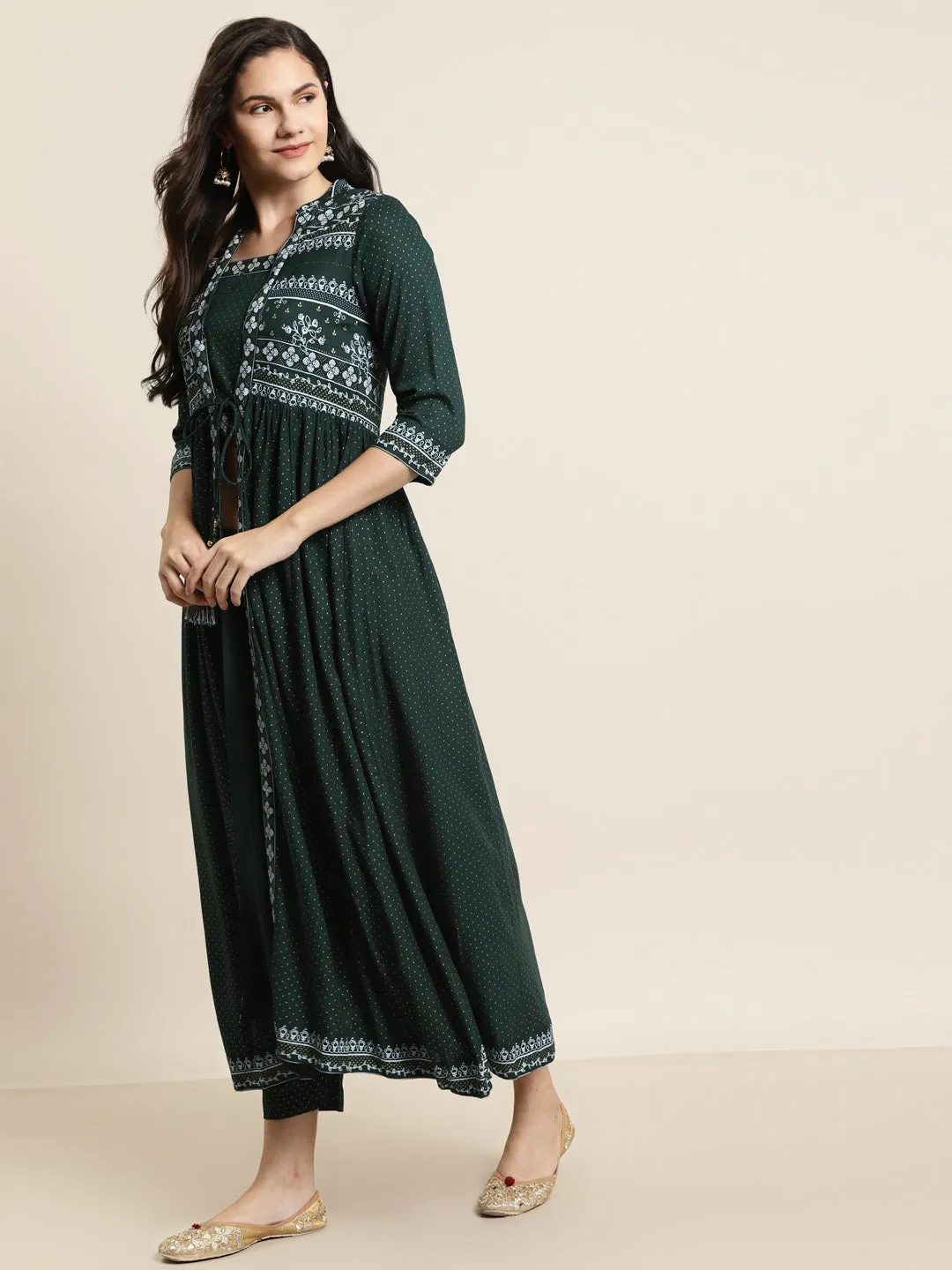 Juniper Jade Green Ethnic Motif Printed Rayon Jacket Style Kurta & Pants Set.