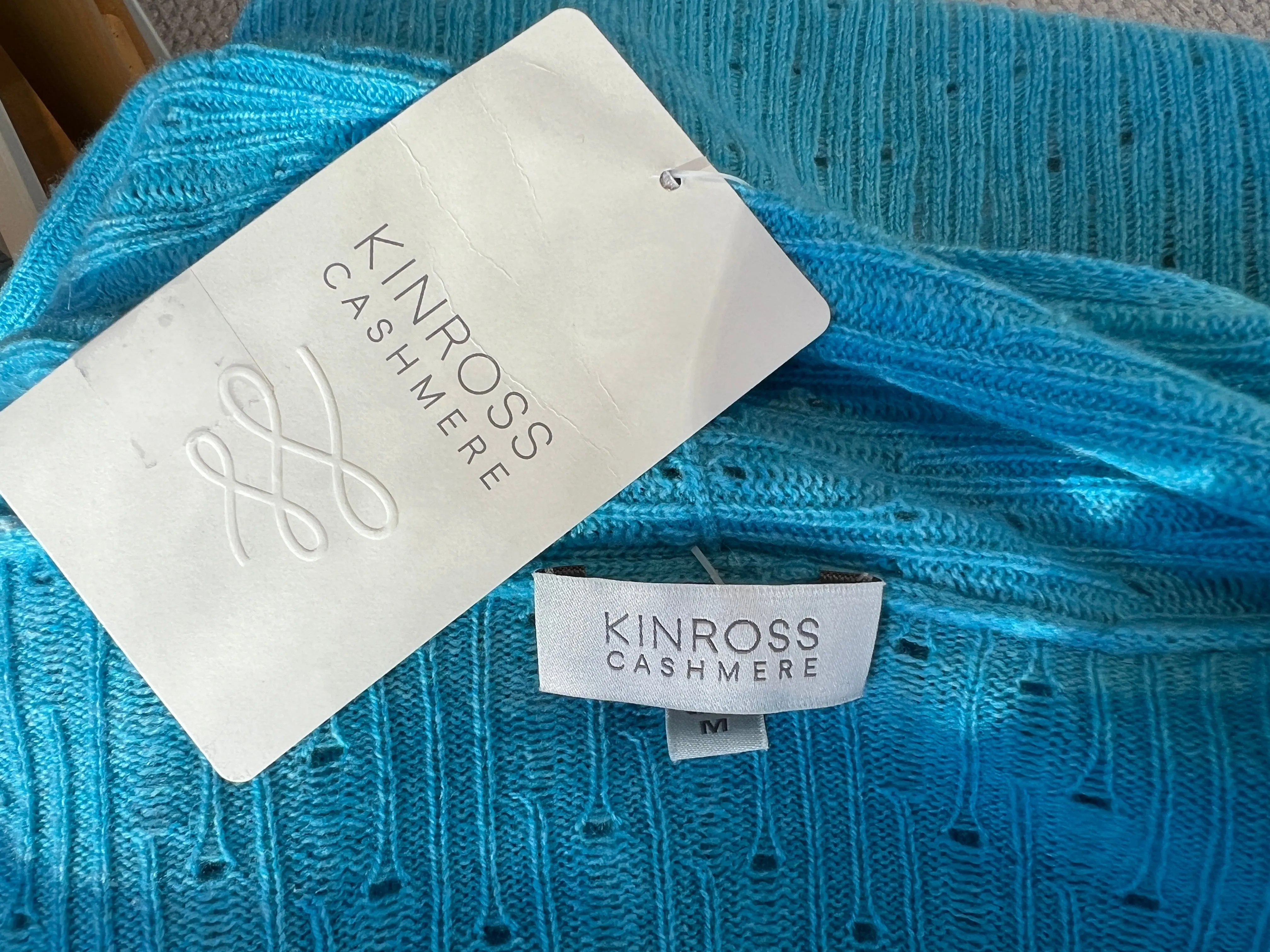 Kinross Cashmere Aqua Blue Cardigan, M