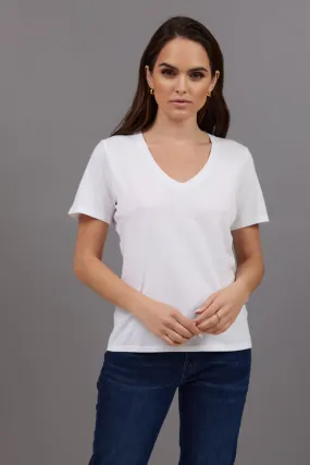 Majestic Short Sleeve Cotton V-Neck Tee in Blanc