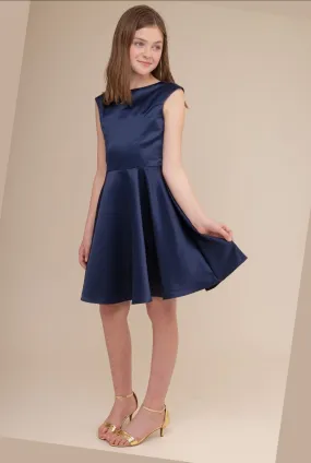 Navy satin cap sleeve dress