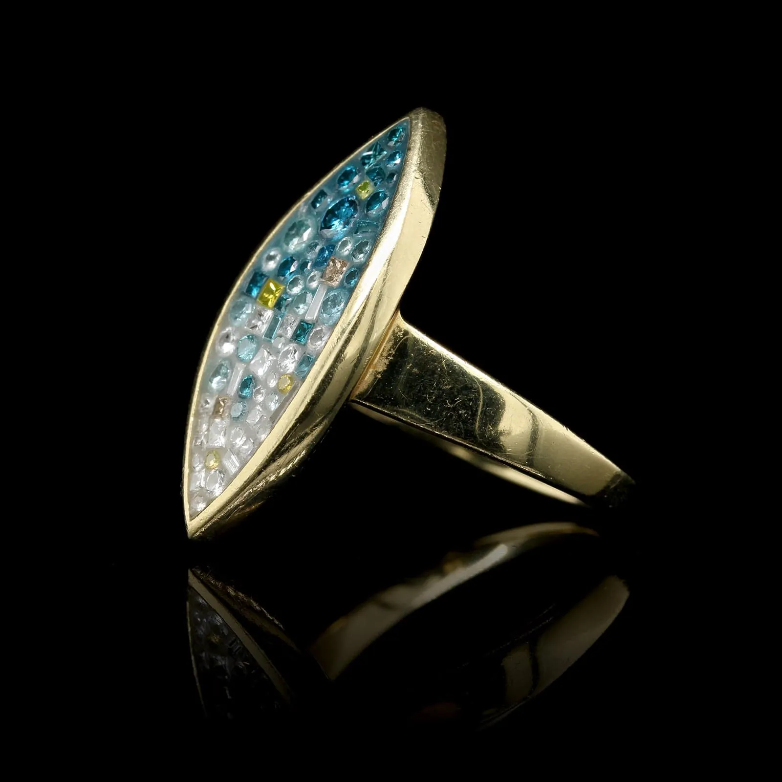 Pleve 18K Yellow Gold Estate Color Treated Diamond and Resin Mosaic Ring