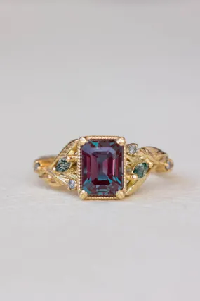 READY TO SHIP: Patricia ring in 14K yellow gold, lab alexandrite emerald cut 8x6 mm, accent moss agates and salt&pepper diamonds, AVAILABLE RING SIZES: 6-8US