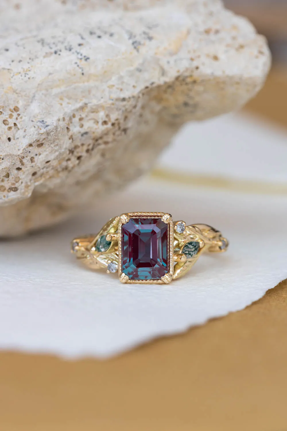 READY TO SHIP: Patricia ring in 14K yellow gold, lab alexandrite emerald cut 8x6 mm, accent moss agates and salt&pepper diamonds, AVAILABLE RING SIZES: 6-8US