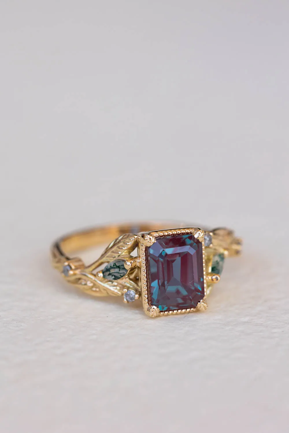 READY TO SHIP: Patricia ring in 14K yellow gold, lab alexandrite emerald cut 8x6 mm, accent moss agates and salt&pepper diamonds, AVAILABLE RING SIZES: 6-8US