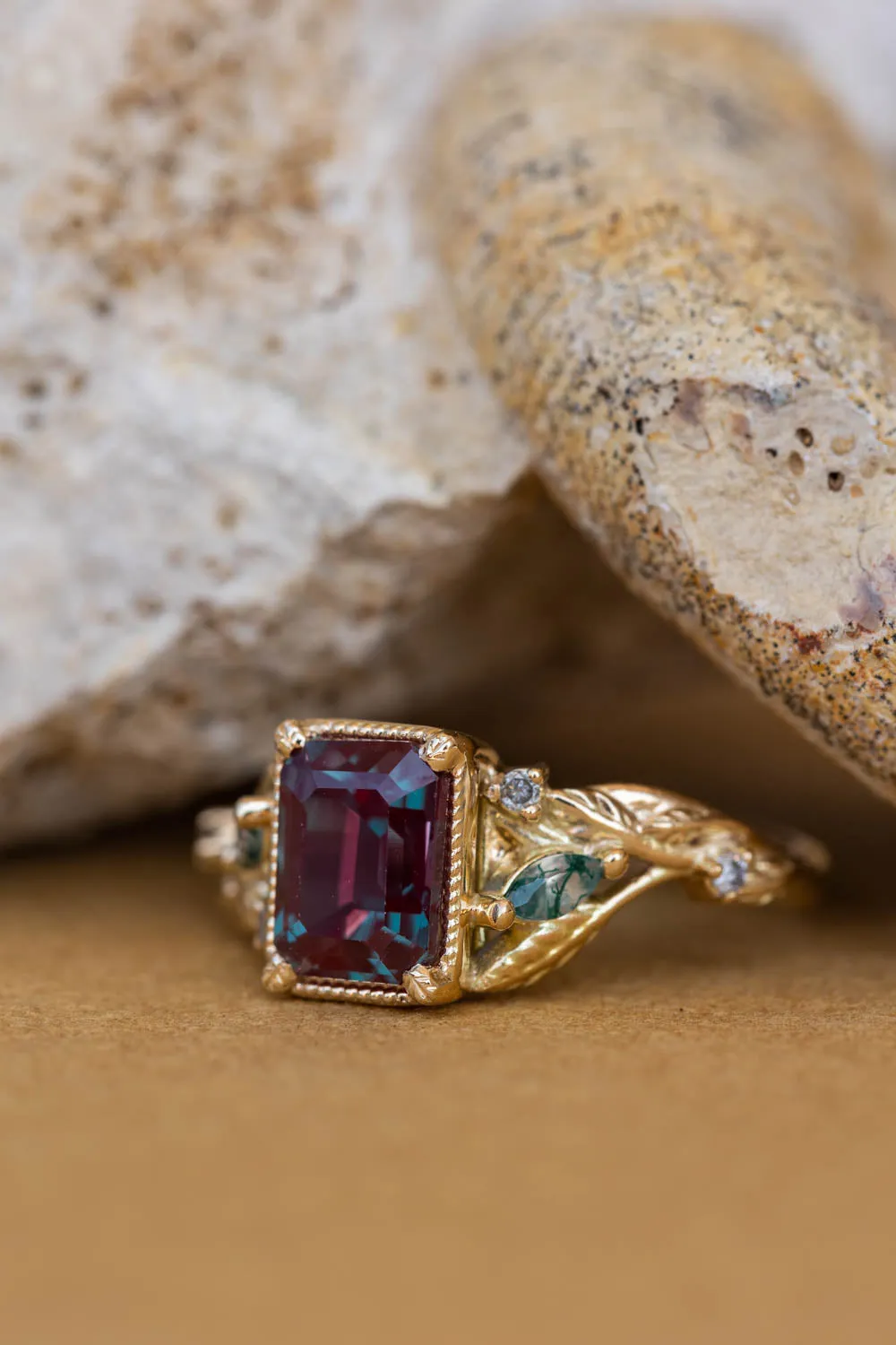 READY TO SHIP: Patricia ring in 14K yellow gold, lab alexandrite emerald cut 8x6 mm, accent moss agates and salt&pepper diamonds, AVAILABLE RING SIZES: 6-8US