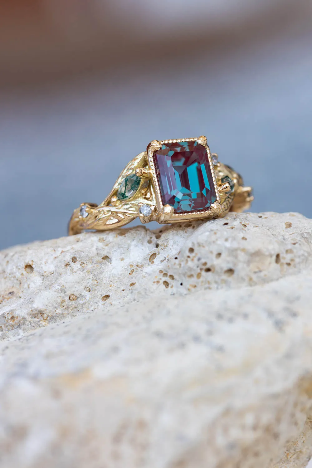 READY TO SHIP: Patricia ring in 14K yellow gold, lab alexandrite emerald cut 8x6 mm, accent moss agates and salt&pepper diamonds, AVAILABLE RING SIZES: 6-8US