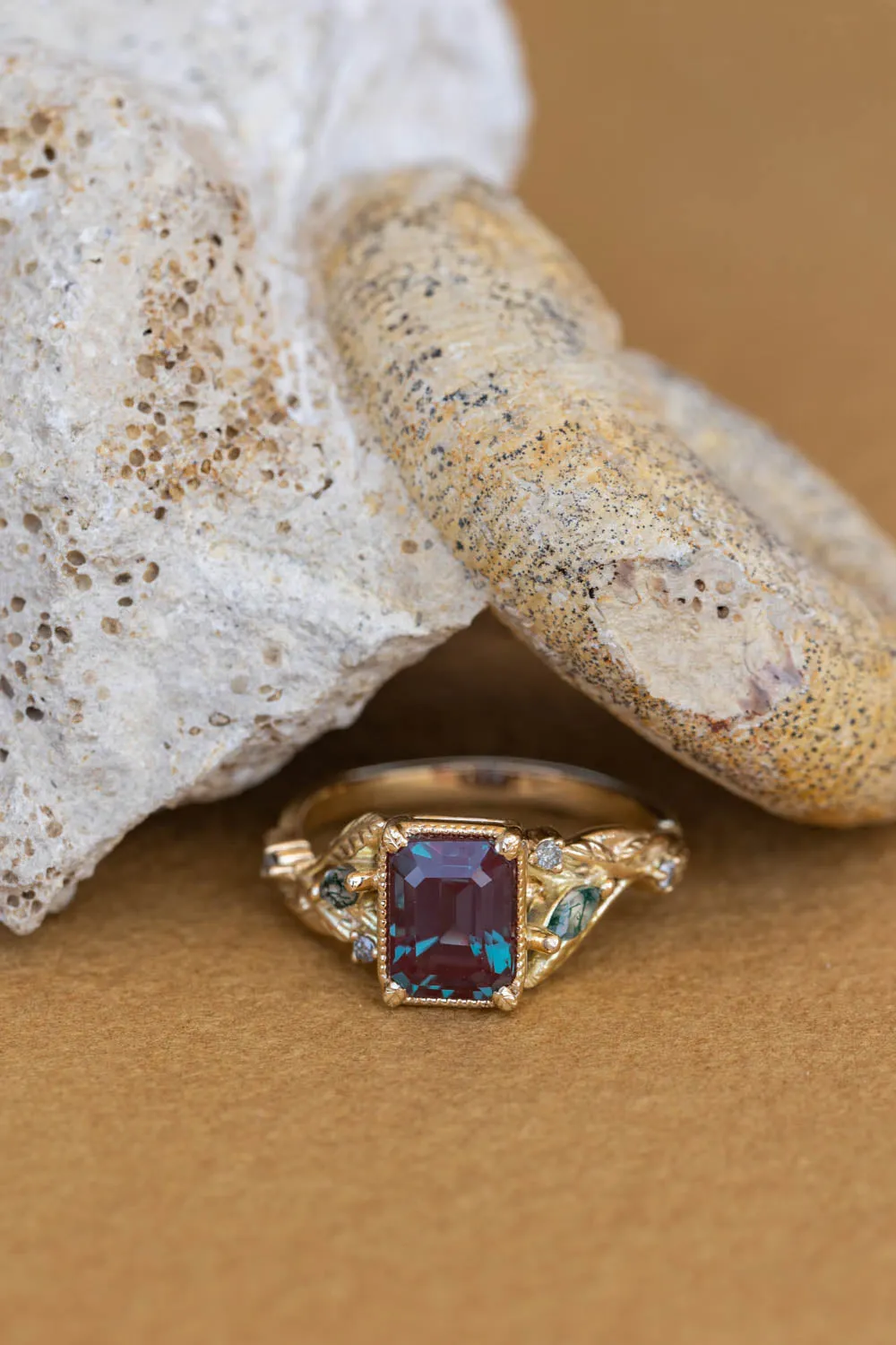 READY TO SHIP: Patricia ring in 14K yellow gold, lab alexandrite emerald cut 8x6 mm, accent moss agates and salt&pepper diamonds, AVAILABLE RING SIZES: 6-8US