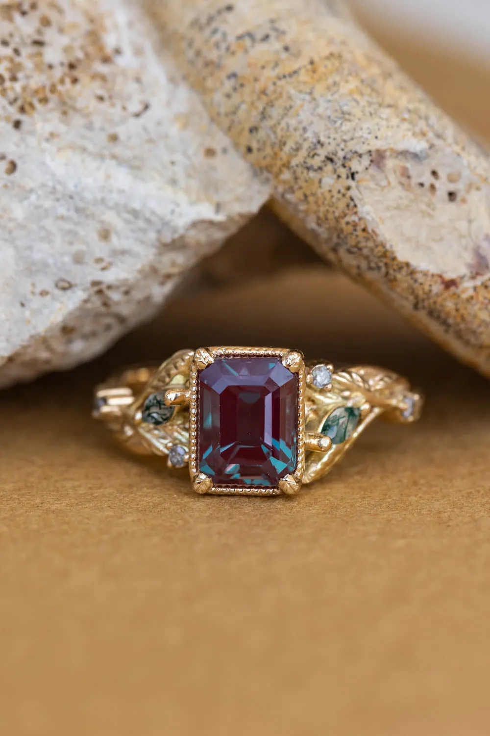 READY TO SHIP: Patricia ring in 14K yellow gold, lab alexandrite emerald cut 8x6 mm, accent moss agates and salt&pepper diamonds, AVAILABLE RING SIZES: 6-8US