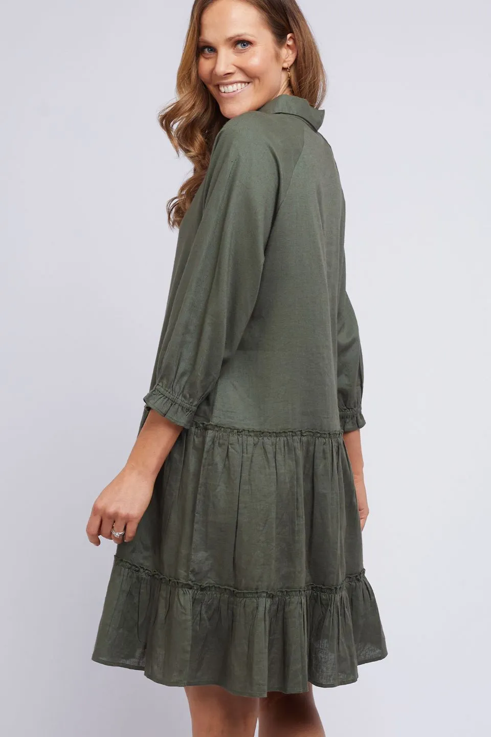 Tulip Button Front Khaki Tiered Mid Dress