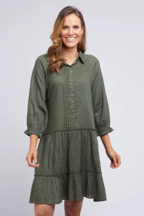 Tulip Button Front Khaki Tiered Mid Dress